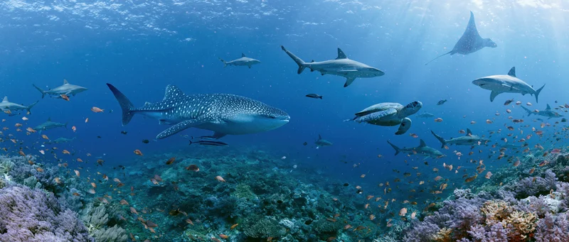 Whale shark swimming over coral reef with manta rays and sea turtles in tropical ocean