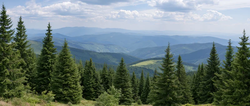 Panoramic view from a forested ridge overlooking layered mountains and valleys under a cloudy sky