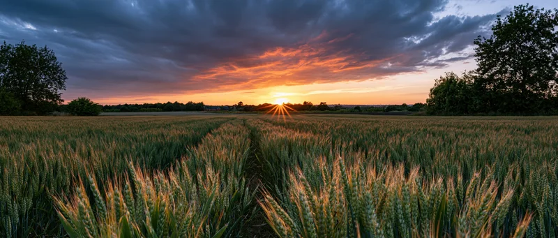 Wheat field at sunset with sun rays over horizon and rows of stalks stretching into rural landscape