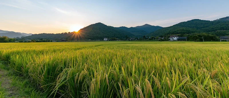 Wide panoramic view of a golden rice field at sunset with mountains in the background