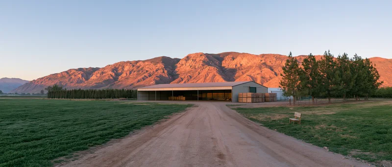 Wide panoramic view of a rural farm with dirt road leading to a barn at golden hour against mountains