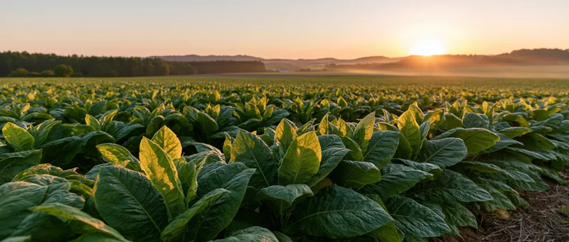 Rows of tobacco plants growing in a vast field at sunset