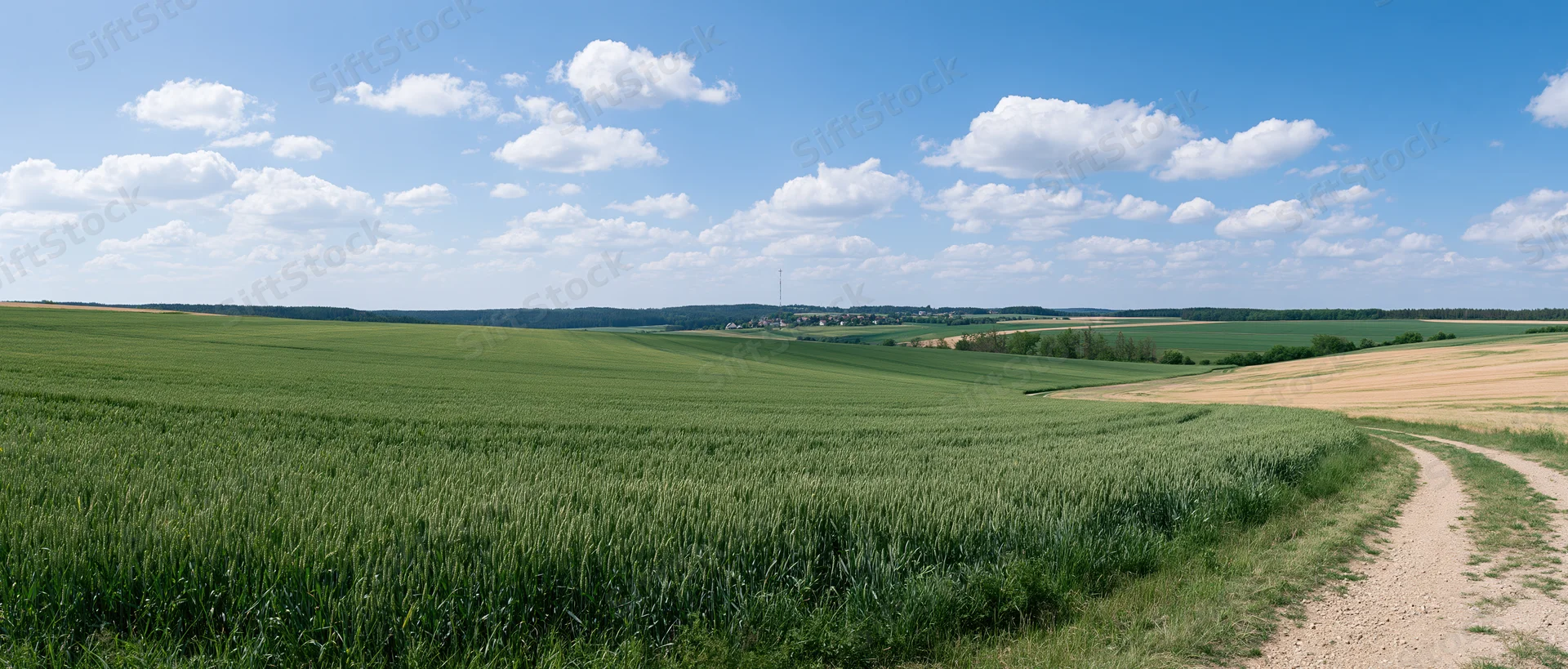 Wide panoramic view of rolling green agricultural fields under a blue sky with scattered clouds, featuring a dirt path winding through the farmland