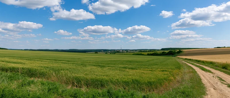Wide panoramic view of rolling agricultural fields under a blue sky with white clouds, featuring a dirt path winding through green crops and golden fields toward a distant village on the horizon