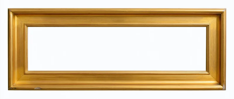 Wide rectangular gold picture frame with brushed metallic finish isolated on white background