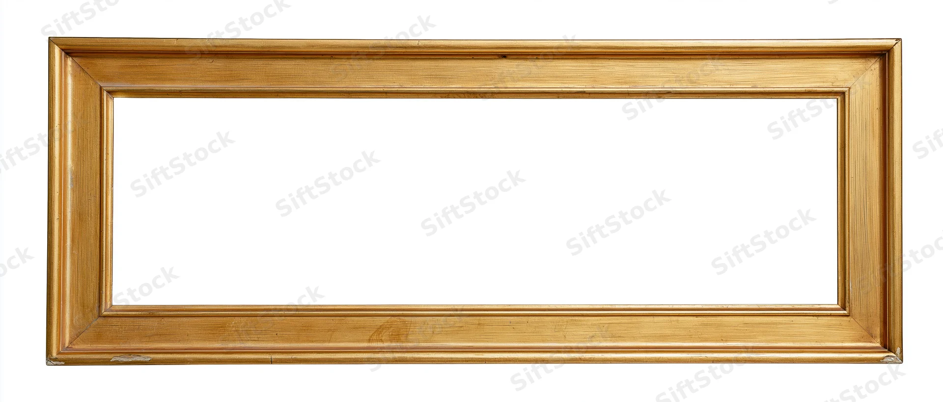 Wide rectangular gold picture frame with brushed metallic finish isolated on white background