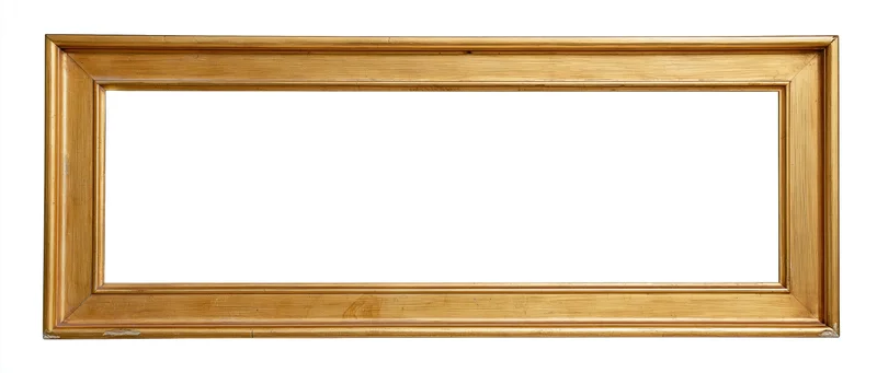 Wide rectangular gold picture frame with brushed metallic finish isolated on white background