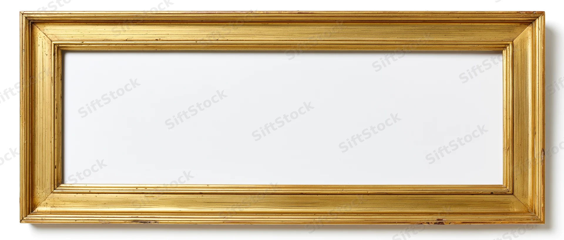 Wide rectangular gold picture frame with brushed finish and ornate molding on white background