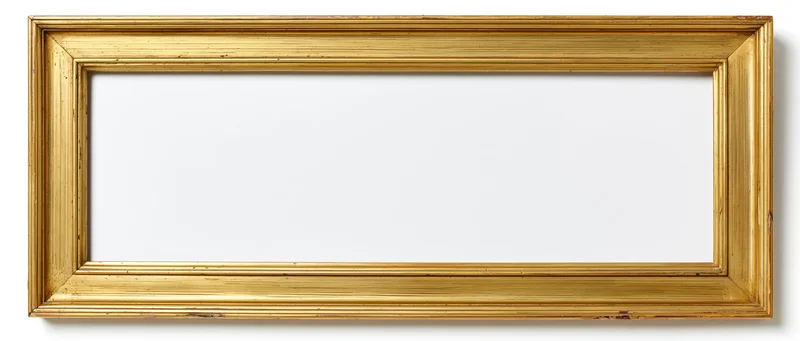 Wide rectangular gold picture frame with brushed finish and ornate molding on white background