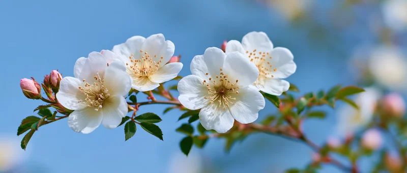White wild rose blossoms in full bloom on a branch against a blue sky