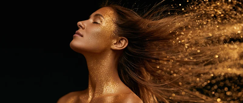 Woman with gold glitter on skin and hair, head tilted back, eyes closed, in studio lighting against black background