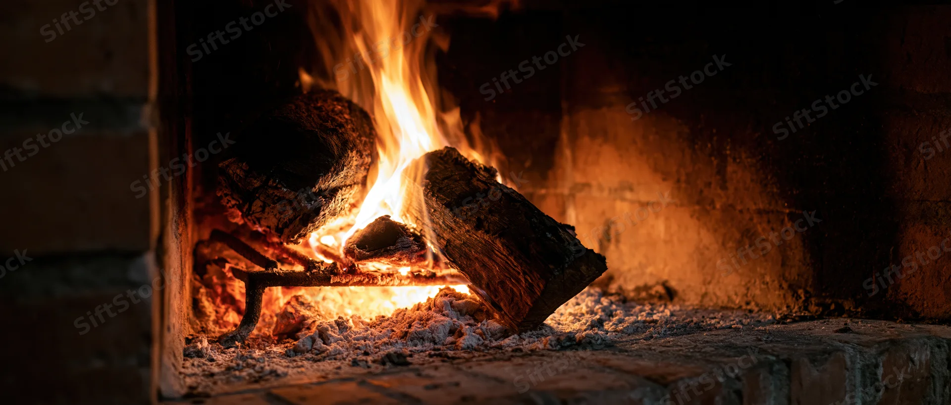 Burning wood logs in a brick fireplace at night