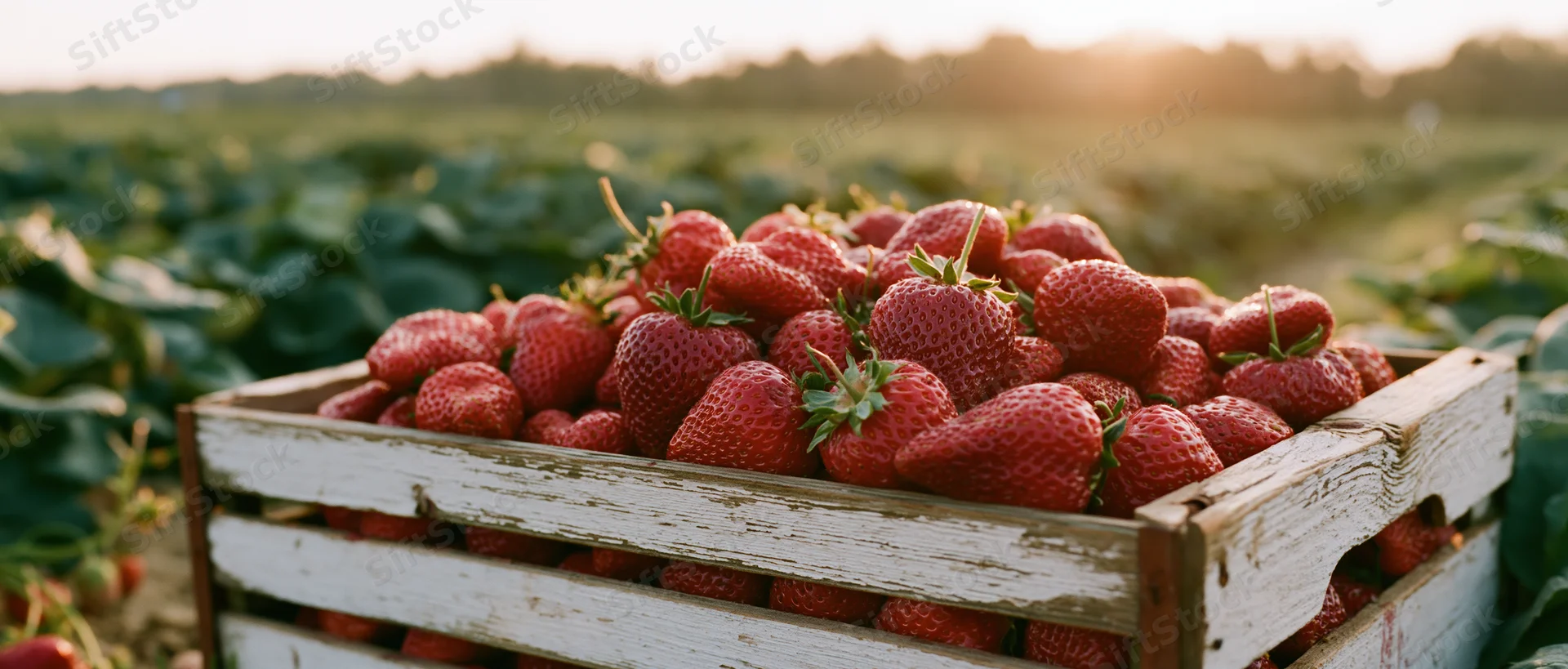 Wooden crate overflowing with ripe red strawberries in a strawberry field at sunset