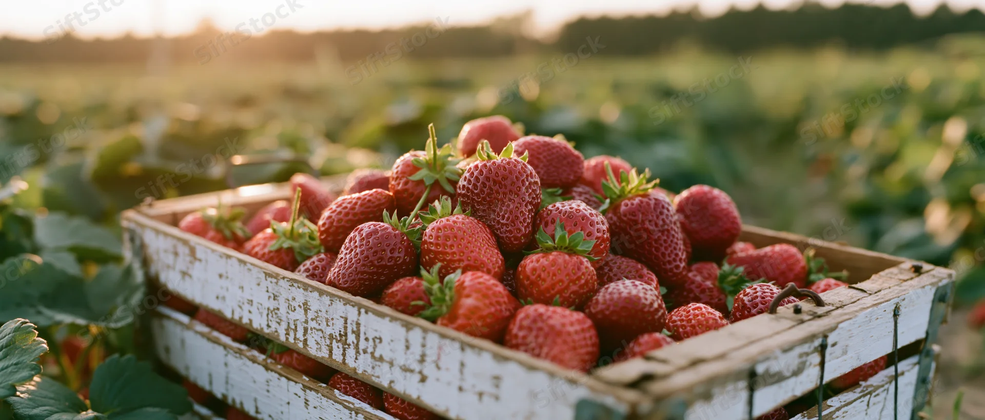 Wooden crate overflowing with fresh red strawberries in a strawberry field at golden hour