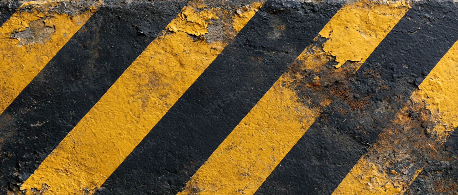 Diagonal black and yellow hazard stripes on a worn industrial surface