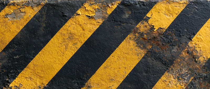 Diagonal black and yellow hazard stripes on a worn industrial surface