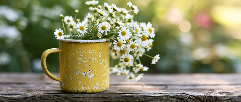 Chamomile daisies in a worn yellow enamel mug on a wooden table outdoors