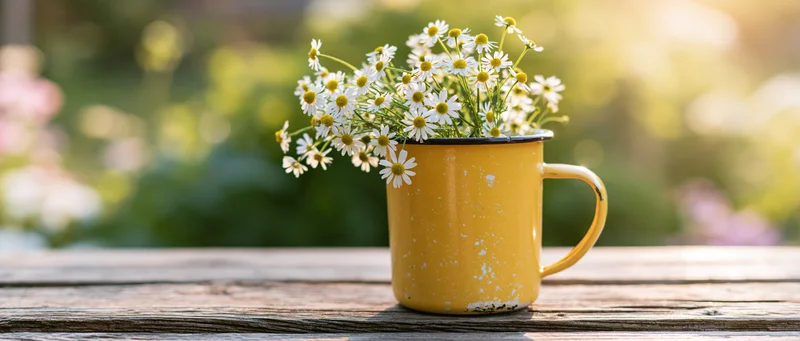 Chamomile daisies in a worn yellow enamel mug on a wooden table outdoors