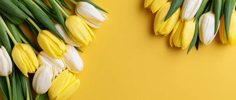 Yellow and white tulips arranged in two diagonal clusters on a yellow background with copyspace