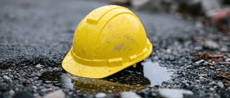 Yellow construction hard hat resting on wet asphalt pavement with water droplets and reflection