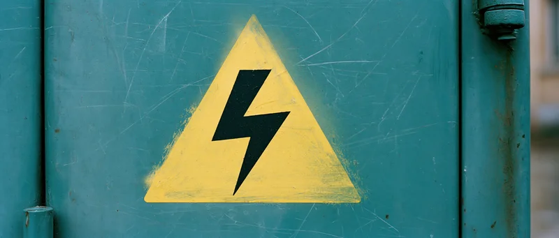 Yellow high-voltage warning triangle stenciled on a weathered teal metal panel