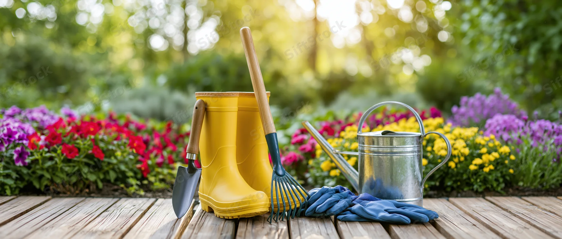 Gardening tools including yellow rubber boots, trowel, rake, gloves and metal watering can arranged on wooden deck with colorful flowers in background