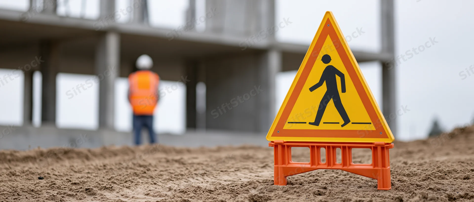 Yellow triangular pedestrian warning sign in foreground at construction site with worker in background