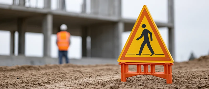 Yellow triangular pedestrian warning sign in foreground at construction site with worker in background