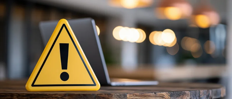 Yellow triangular warning sign with exclamation mark on wooden desk beside laptop in office setting