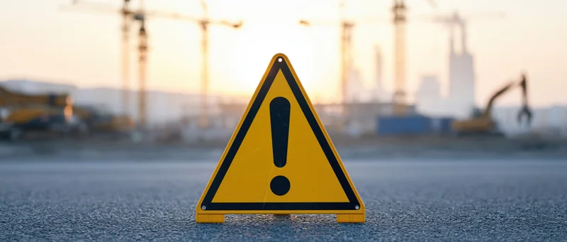 Yellow triangular warning sign with black exclamation mark on asphalt at construction site