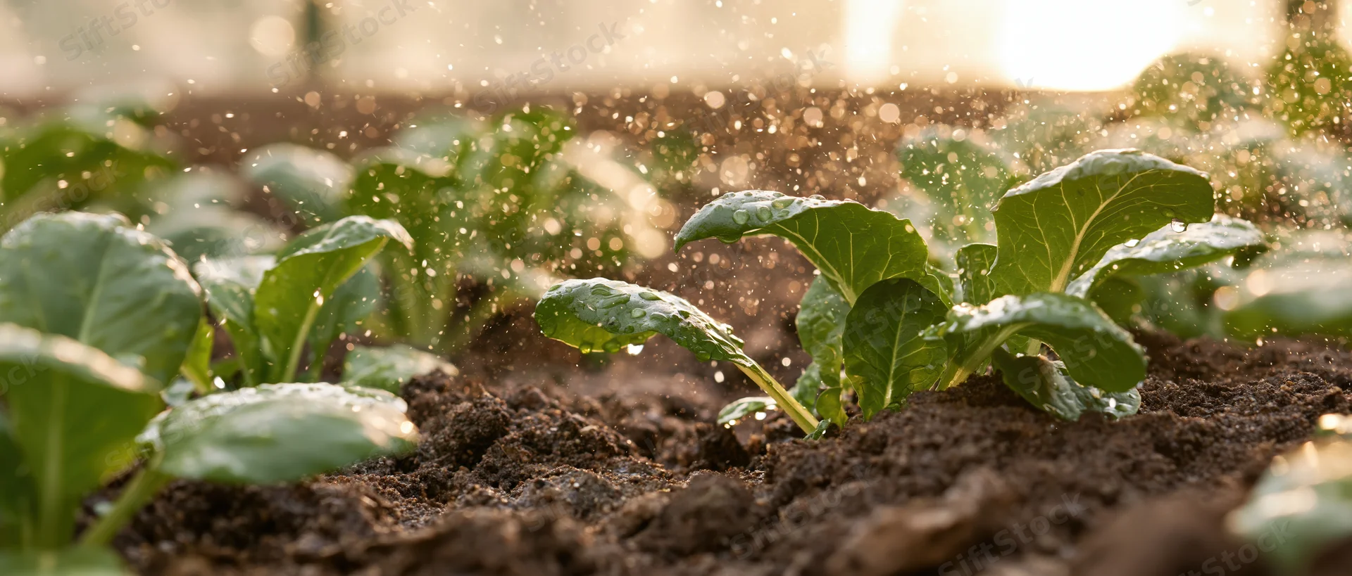 Young leafy green seedlings growing in soil being watered in a greenhouse