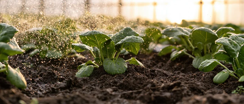 Young leafy green seedlings in neat rows being watered inside a greenhouse