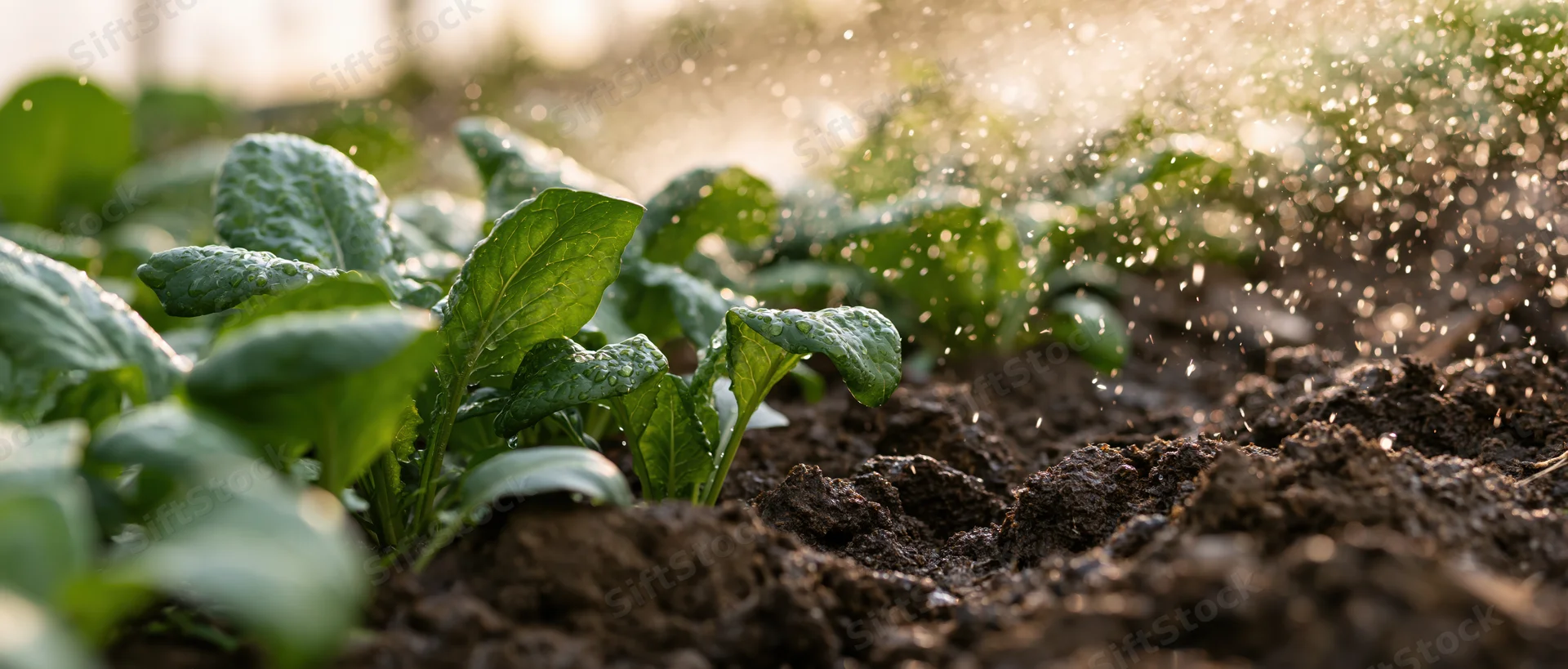 Young leafy green seedlings growing in rows being watered in a garden bed