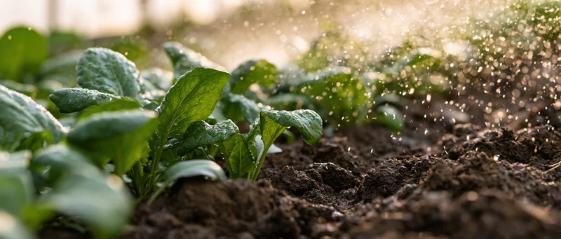 Young leafy green seedlings growing in rows being watered in a garden bed