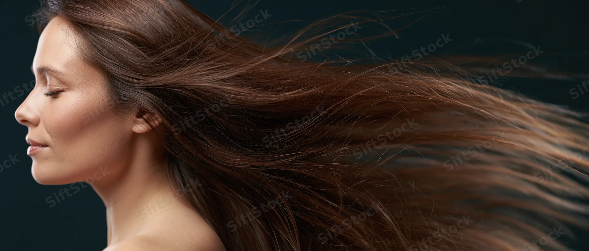 Woman in profile with long flowing chestnut hair, eyes closed, against dark background