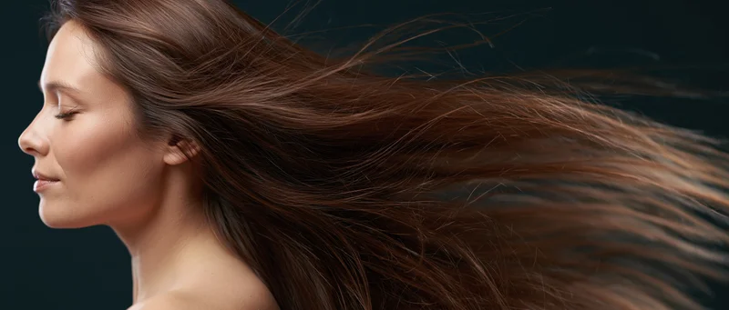 Woman in profile with long flowing chestnut hair, eyes closed, against dark background