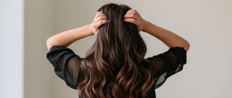 Woman from behind with hands raised touching her long wavy brown hair indoors