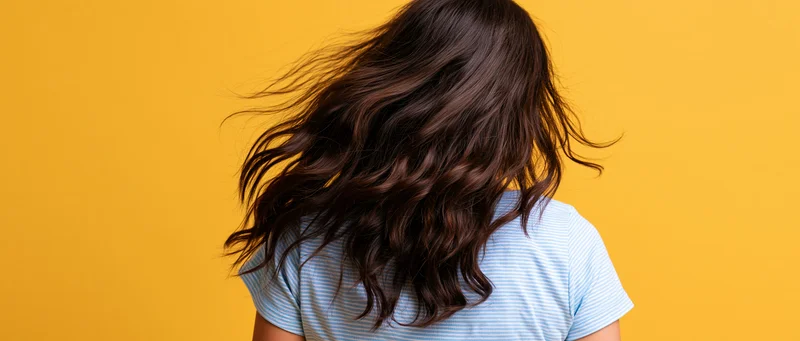 Woman seen from back with long dark brown wavy hair flowing against yellow background