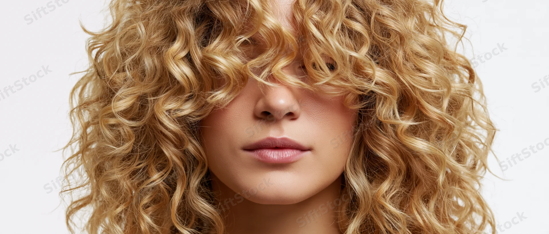 Closeup of a woman with voluminous curly blonde hair covering her eyes against a white background