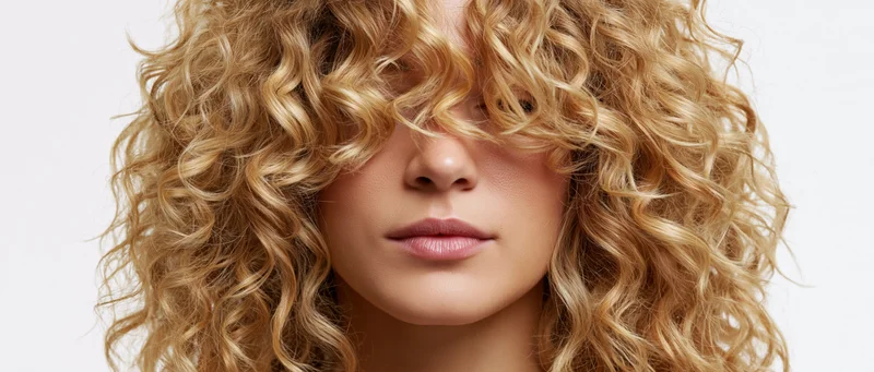 Closeup of a woman with voluminous curly blonde hair covering her eyes against a white background
