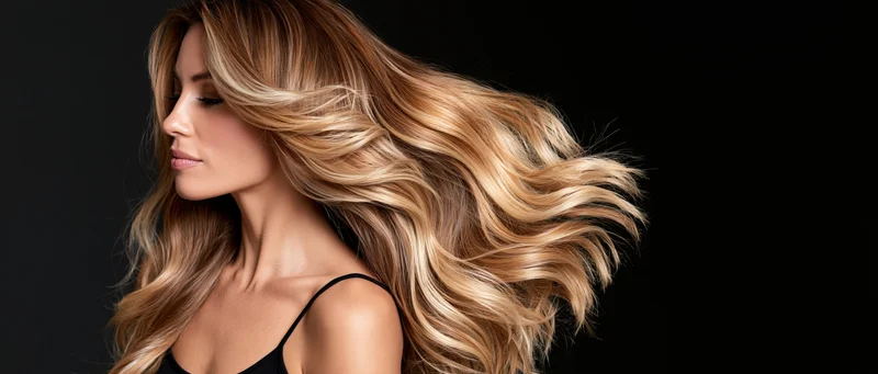 Woman with long wavy blonde hair flowing in motion against black background