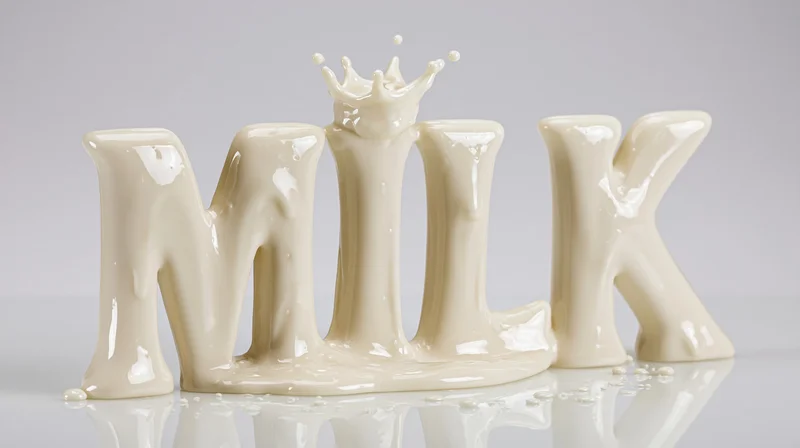 3d sculptural letters spelling milk formed from pouring liquid with splash and crown on reflective surface