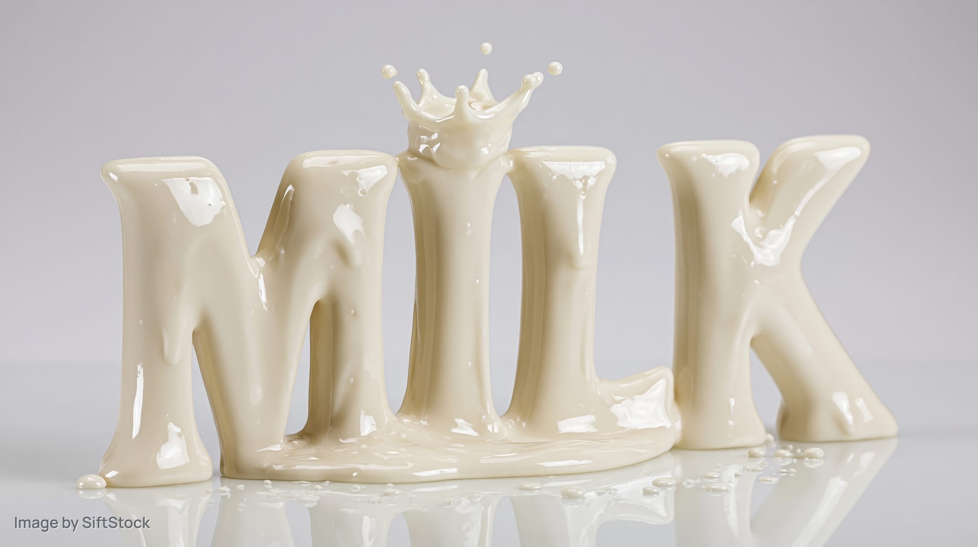 3d sculptural letters spelling milk formed from pouring liquid with splash and crown on reflective surface
