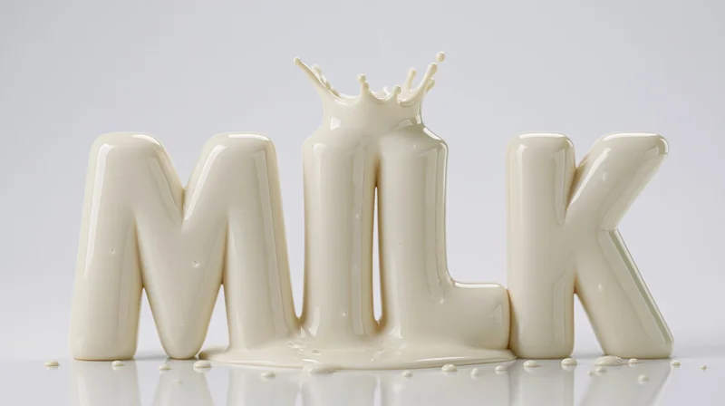 3d sculptural letters spelling milk formed from pouring liquid with splash on white background