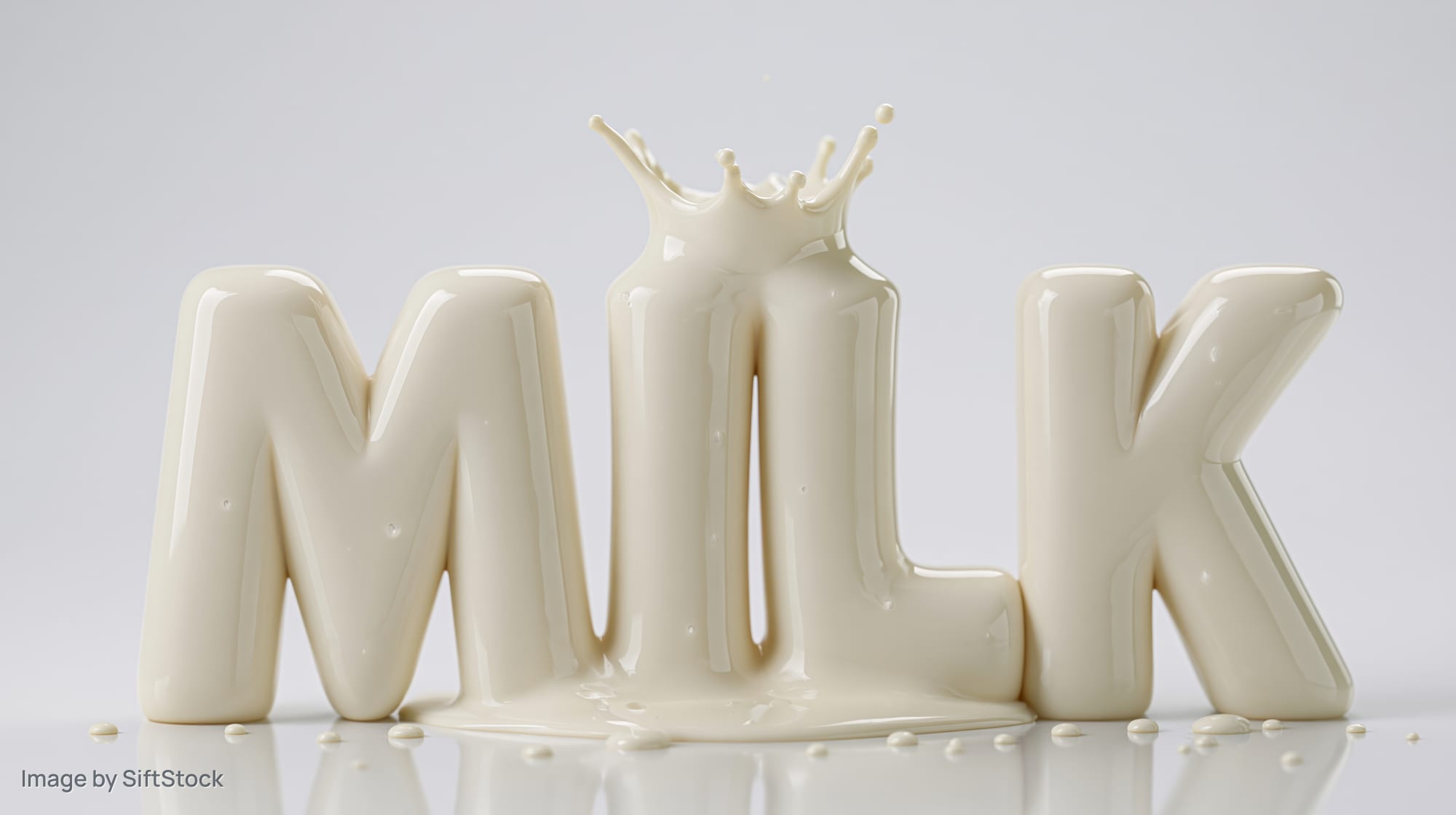 3d sculptural letters spelling milk formed from pouring liquid with splash on white background
