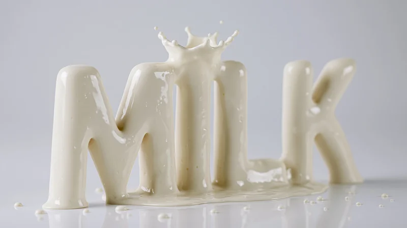 3d sculptural letters spelling milk formed from pouring liquid with splash crown on reflective surface