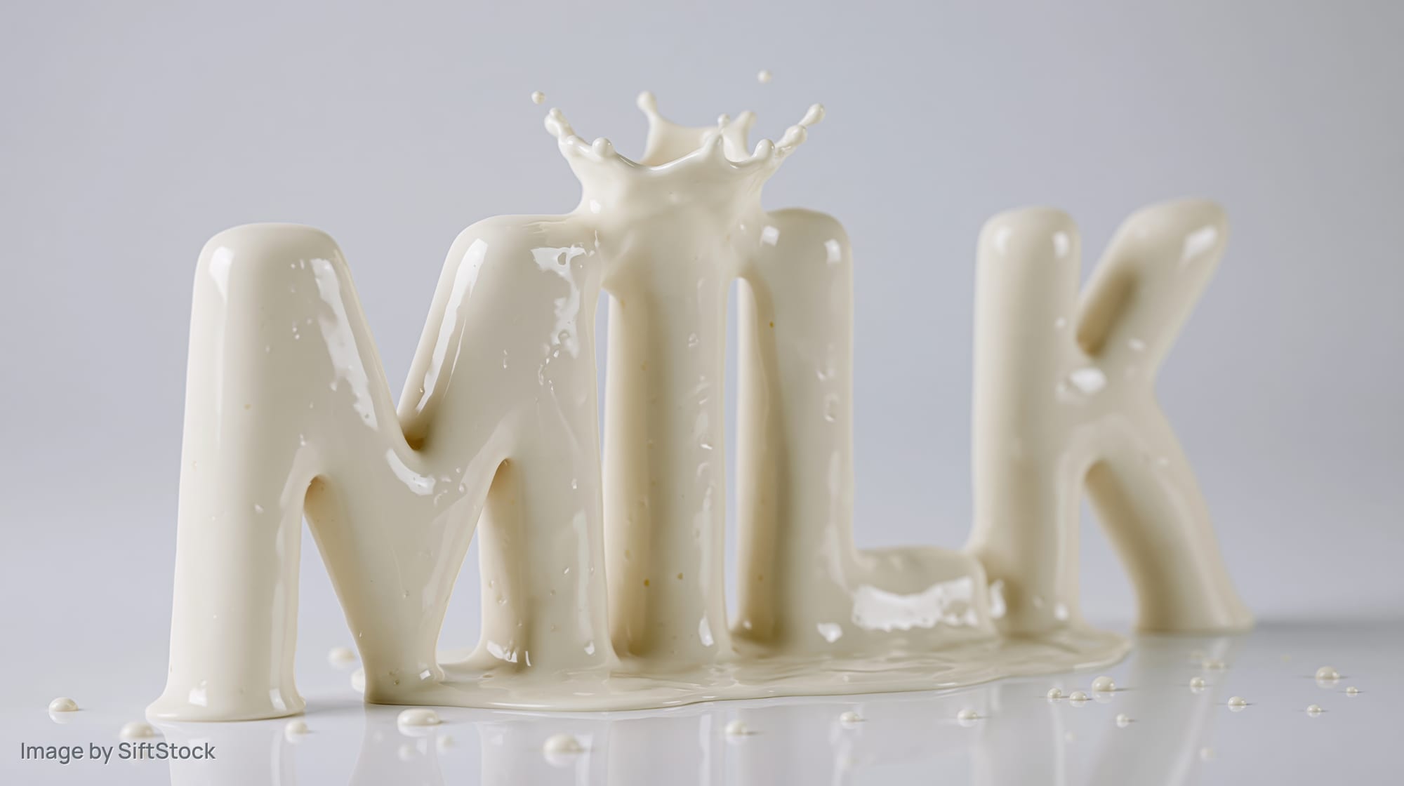 3d sculptural letters spelling milk formed from pouring liquid with splash crown on reflective surface