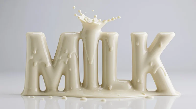 3d sculptural letters spelling milk formed from pouring liquid with splash and drip effects on reflective surface