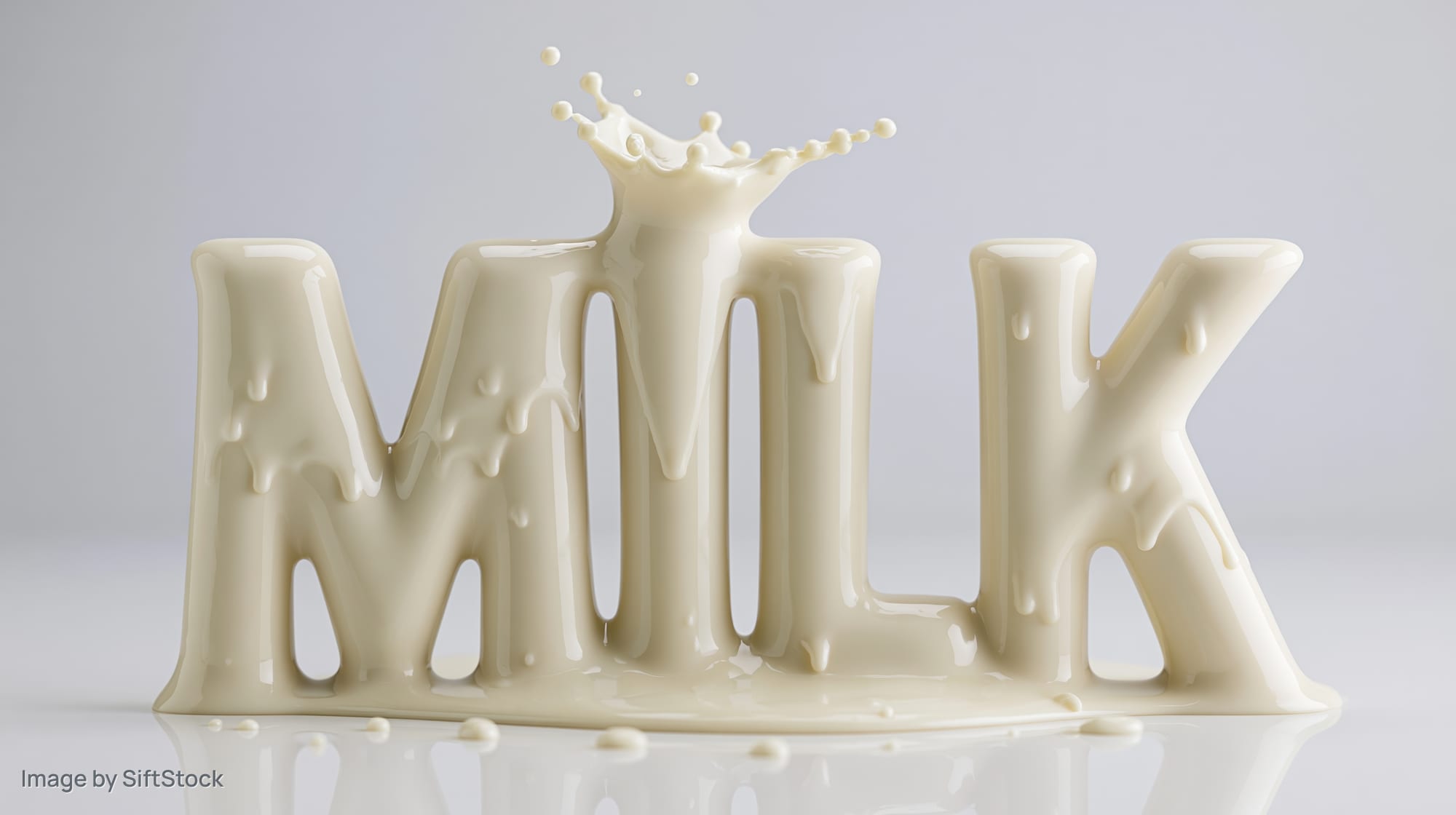 3d sculptural letters spelling milk formed from pouring liquid with splash and drip effects on reflective surface