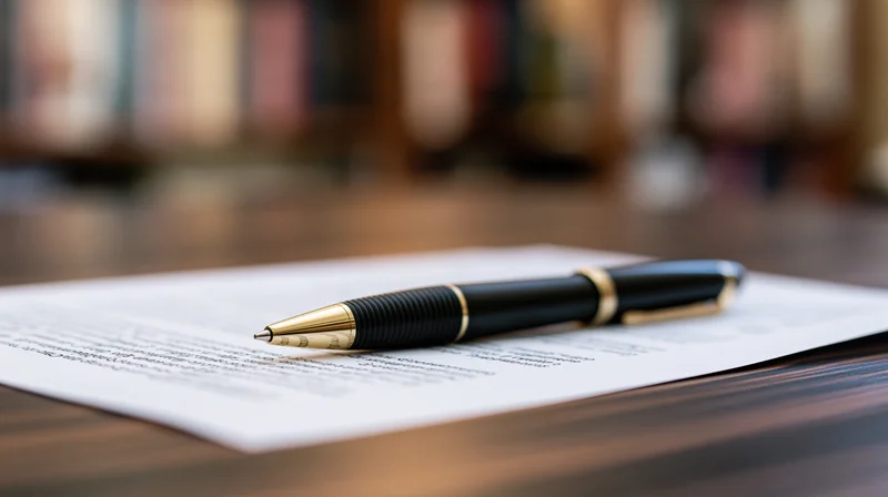 Black and gold ballpoint pen resting diagonally on printed document on wooden desk with blurred bookshelf background
